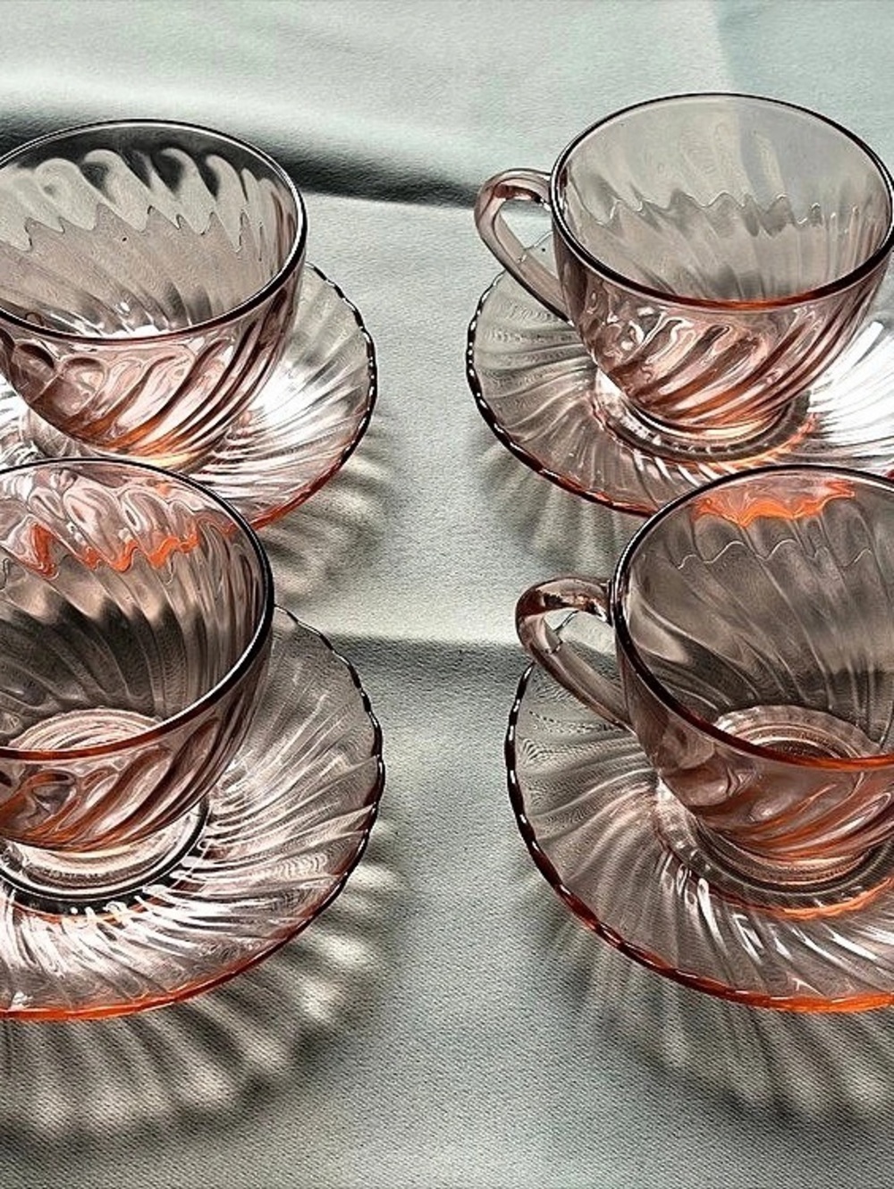 Arcoroc Rosaline Pink Swirl Tea Cup and Saucer Set of 4